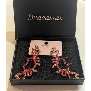 Rhinestone Crab Dangle Drop Earrings Crystal Animal Jewerly Red Statement 2.5"